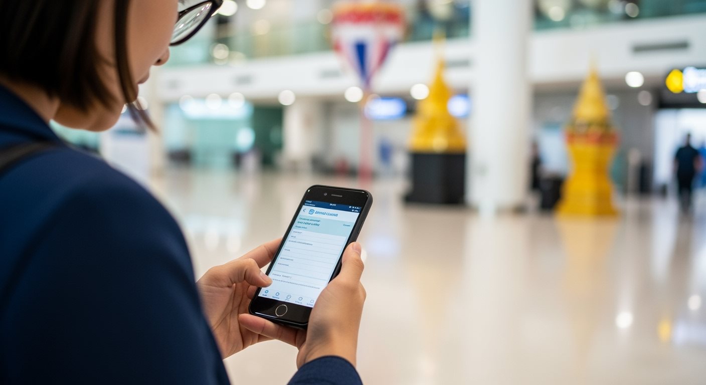 Traveler accessing Thailand Digital Arrival Card official website on a smartphone at Thai airport
