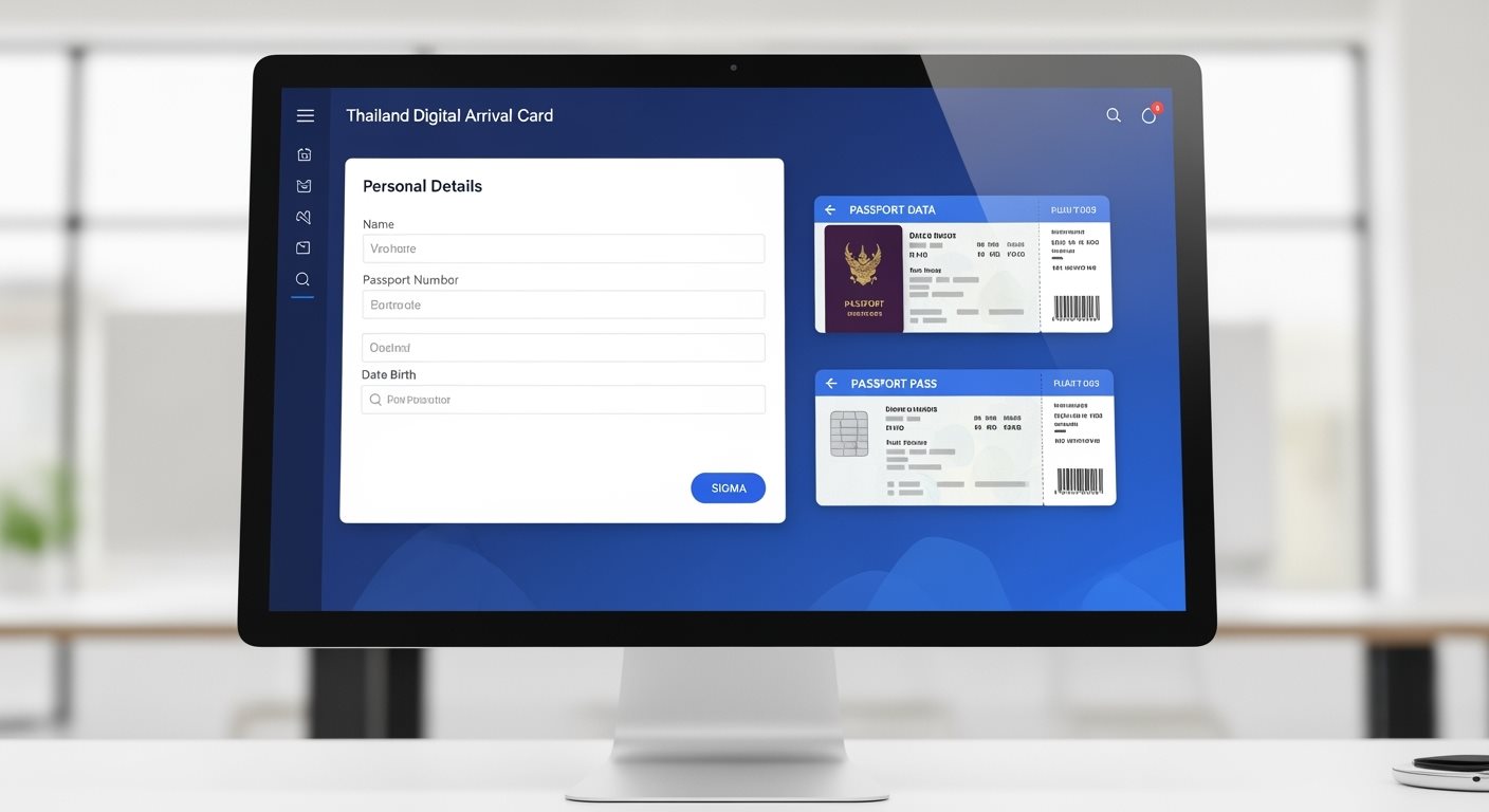 Thailand Digital Arrival Card application process on a modern computer screen with digital forms and travel documents