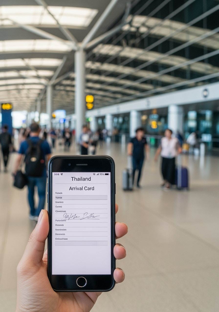 Thailand tourist showing completed digital arrival card on smartphone at airport